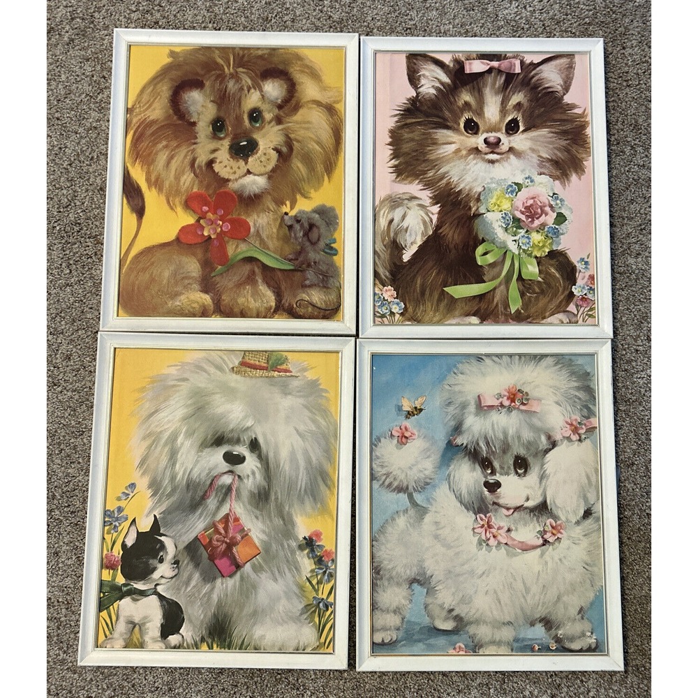 Adorable Vintage Dog‎ Lion Painting Prints Lot Of 4
